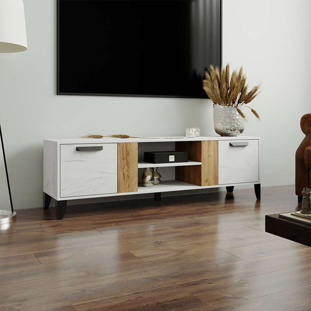 фото Тумба под ТВ Парус-7 Дуб юкон/ Дуб крафт белый, ЛДСП с ножками , полками, дверцами для гостиной, спальни, дома, дачи 1652х400х500 тэкс