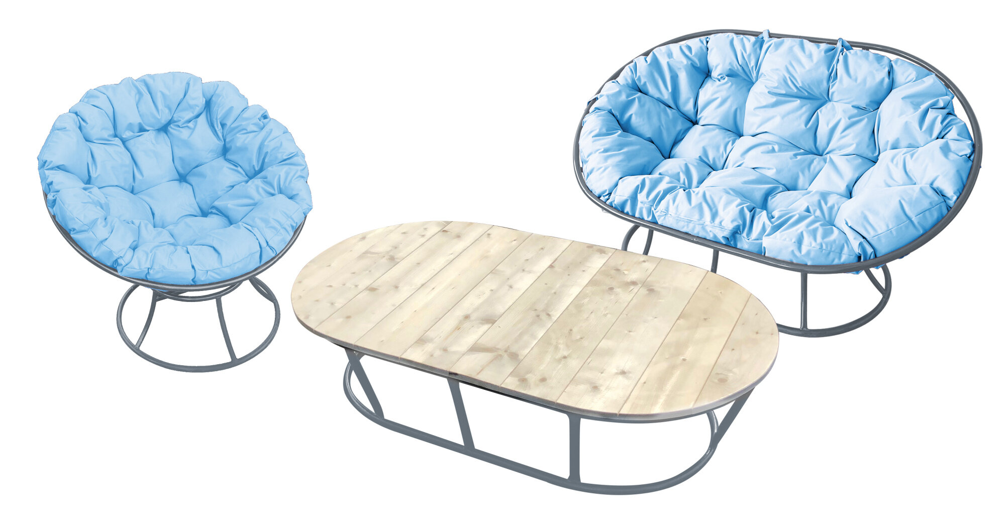 Комплект M-group мамасан, папасан и стол без ротанга серое голубая подушка