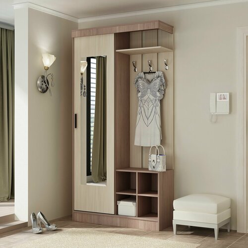 Прихожая комплект Бриз от Линаура, дверь купе с зеркалом, с обувницей, шкафом и вешалкой, 110x220x40 см. Шимо светлый/Шимо темный