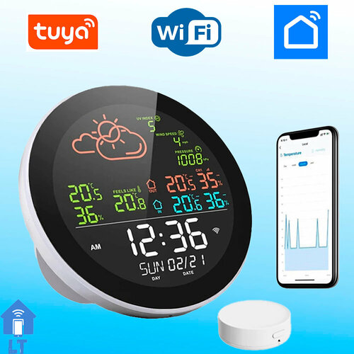 Умная Метеостанция Tuya с Wi-Fi, цифровой измеритель температуры и влажности с цветным экраном, термометр, гигрометр для дома и улицы смарт датчик температуры и влажности tuya wi fi usb с жк дисплеем
