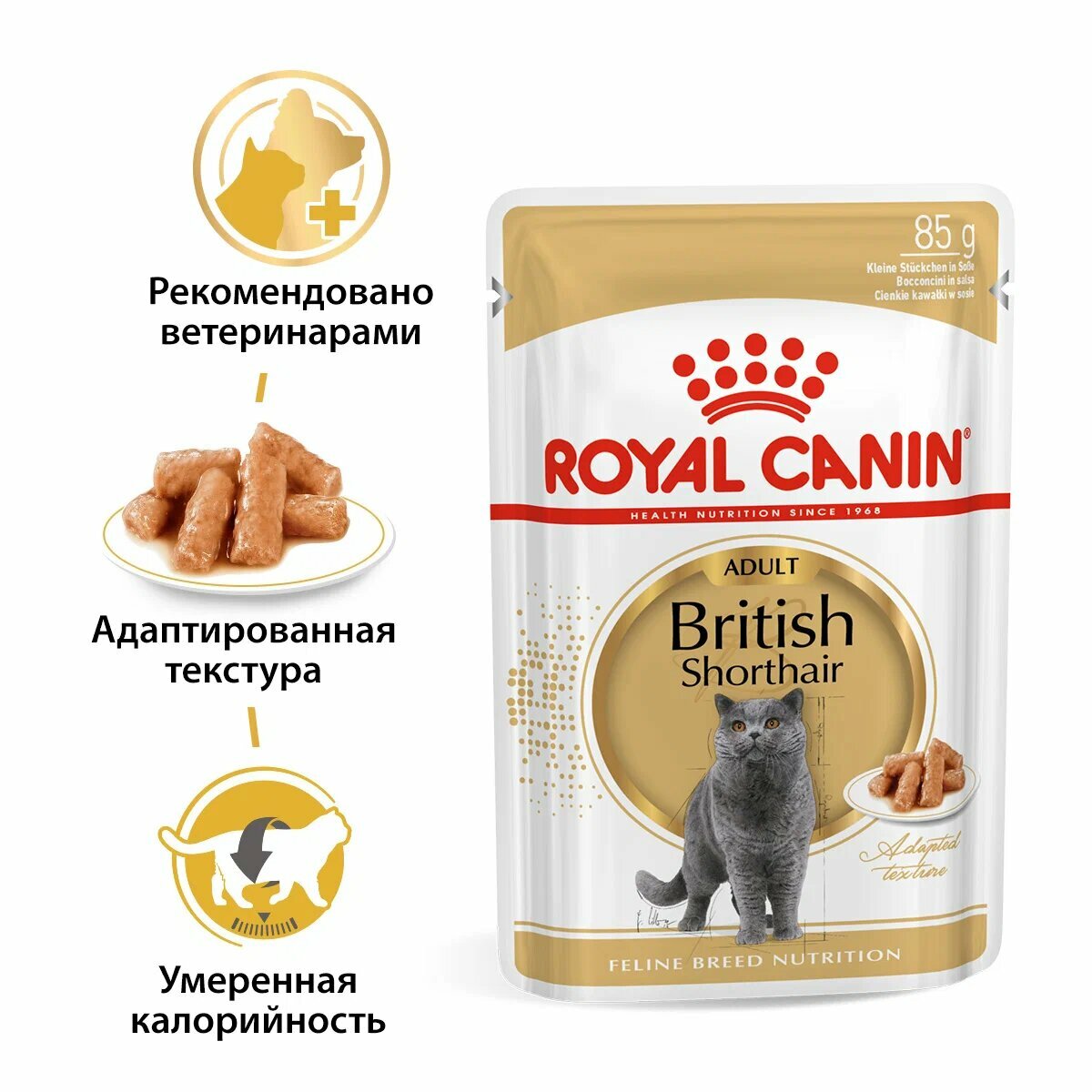 Royal Canin British Shorthair Adult пауч для кошек британской породы (кусочки в соусе) Мясо, 85 г. упаковка 28 шт - фотография № 4
