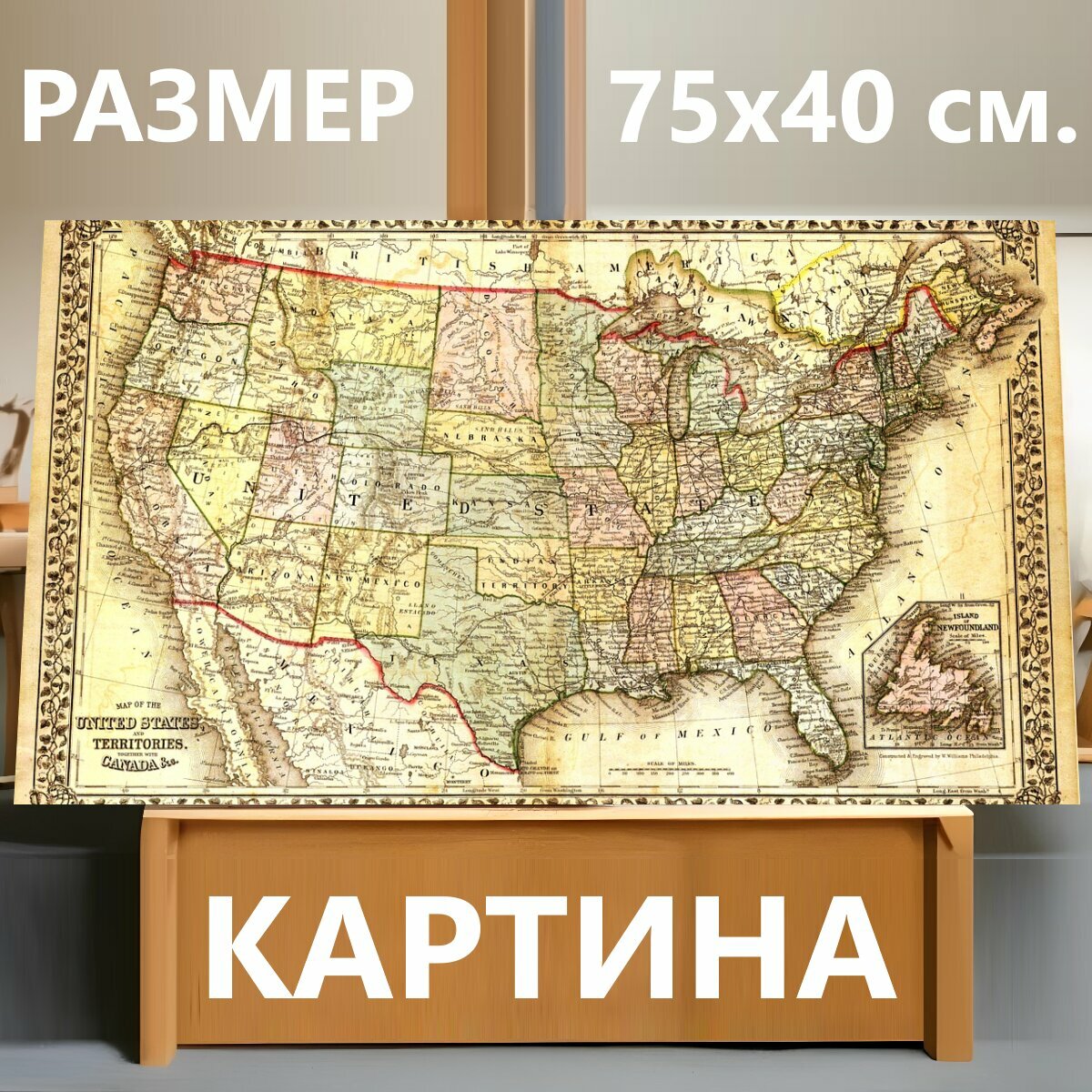 Картина на холсте "Карта соединенных штатов, карта северной америки, карта" на подрамнике 75х40 см. для интерьера