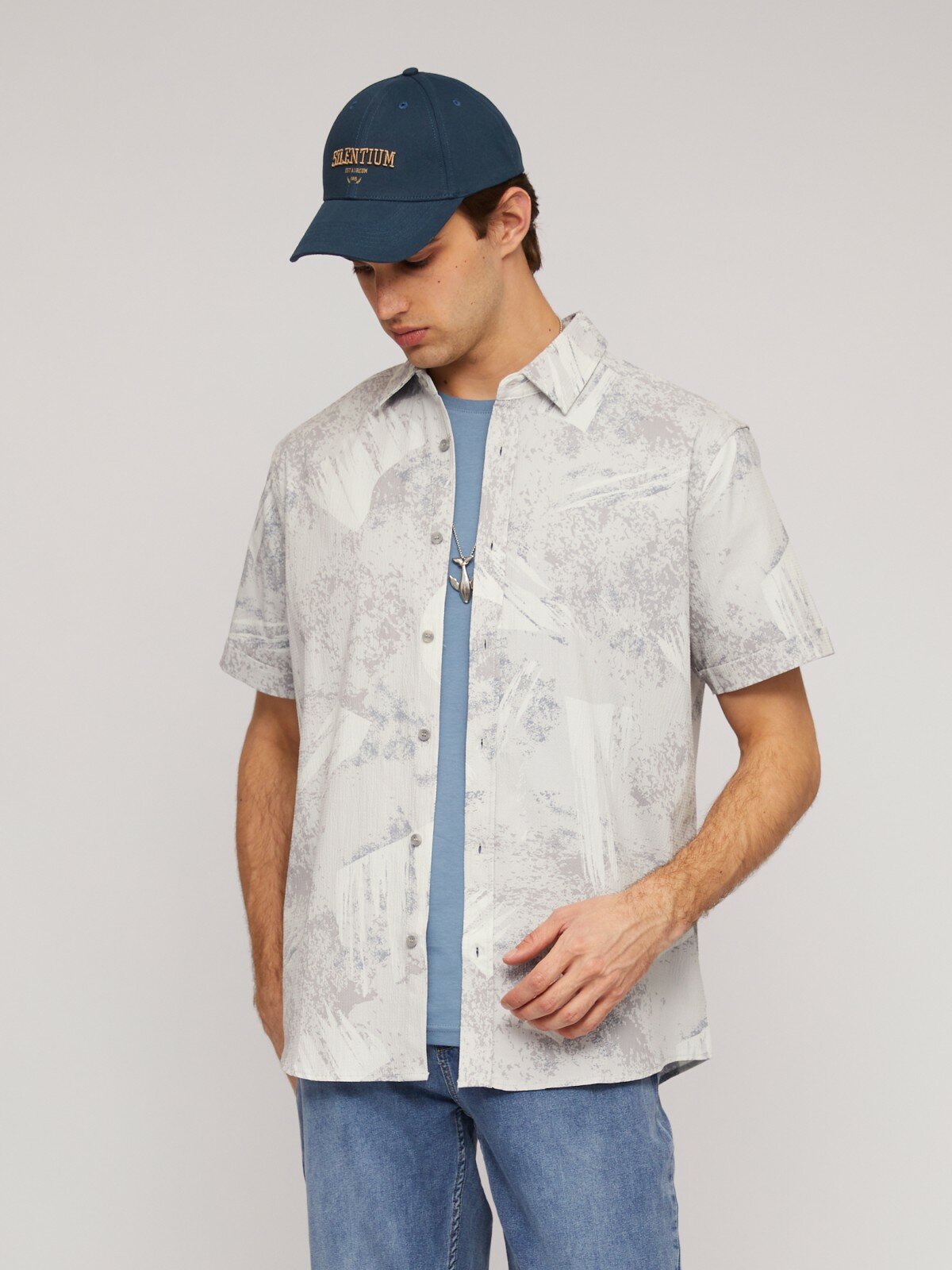 Рубашка из хлопка с принтом и с коротким рукавом цвет Светло-серый размер M 014232291091