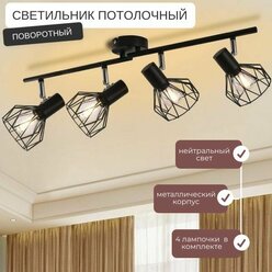 Светильник потолочный светодиодный поворотный 4 лампы Черный 4000К