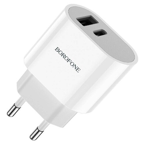 Сетевой адаптер питания Borofone BA62A White зарядка USB-C и USB-A 2-порта, белый