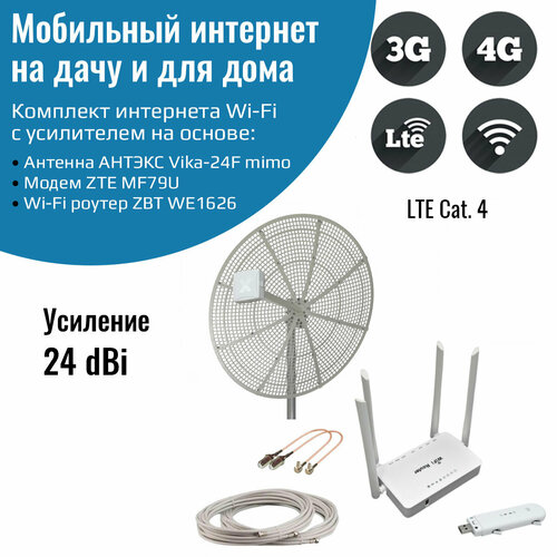 Комплект 3G/4G Дача-Максимум (Роутер WiFi, модем ZTE MF79U, антенна Vika-24F MIMO 24 дБ) комплект 4g lte cat 6 box wifi антенна kss15 ubox 15 дби mpcie модуль quectel ep06 e wifi роутер zbt we1626 usb кабель 10 м