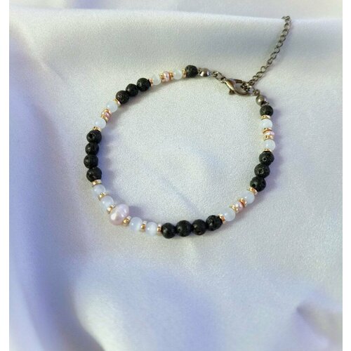 Браслет K&A, вулканическая лава, кошачий глаз, гематит, жемчуг пресноводный культивированный, размер 18 см, размер one size, белый, розовый