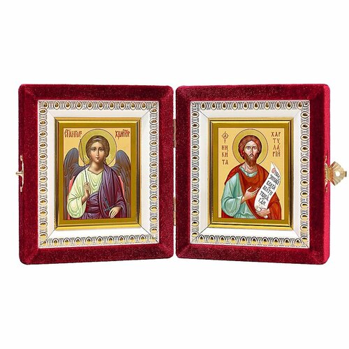 Складень именной "Блаженный Никита Константинопольский, хартуларий - Ангел Хранитель", размер ликов 6*7,5 см красный