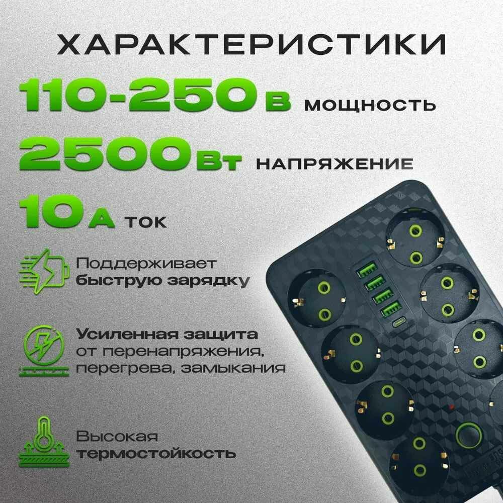 Удлинитель сетевой фильтр 8 розеток 4 usb + Type-C, 3 м с выключателем от Comfort_Zone — фото 1