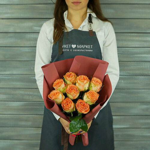 Изображение товара Букет из 9 салатово-персиковых роз охара 70см