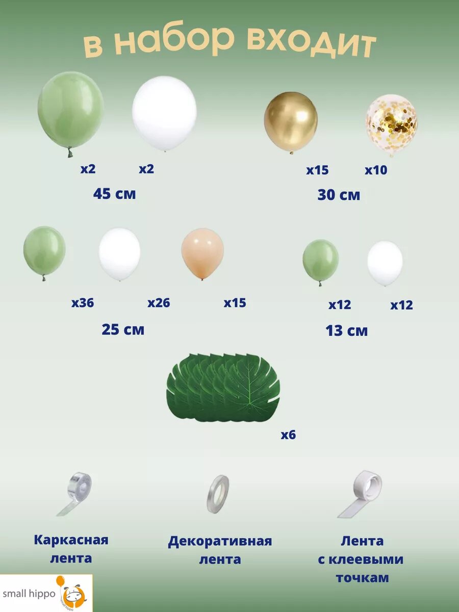 Набор воздушных шаров для фотозоны Small Hippo, арка зеленая, для наполнения воздухом и гелием — фото 1