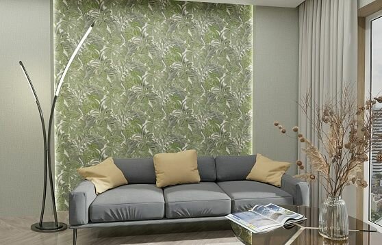 Обои флизелиновые вспененный винил Тропики 71 с зелеными листьями 106*10м светло-серый
