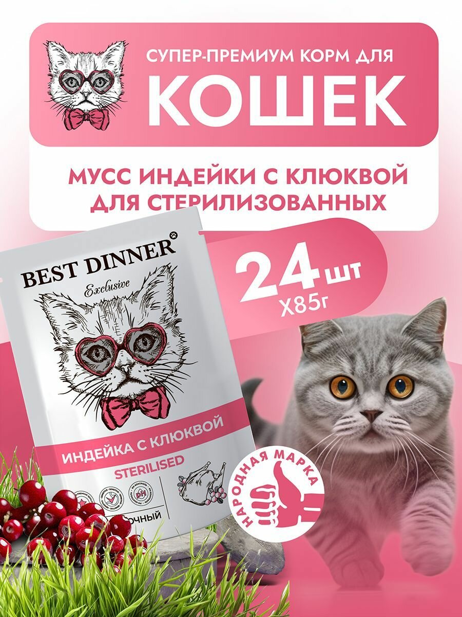 Корм влажный для стерилизованных кошек и котят Бест Диннер (Best Dinner) мусс сливочный индейка с клюквой, пауч (24шт*85гр)