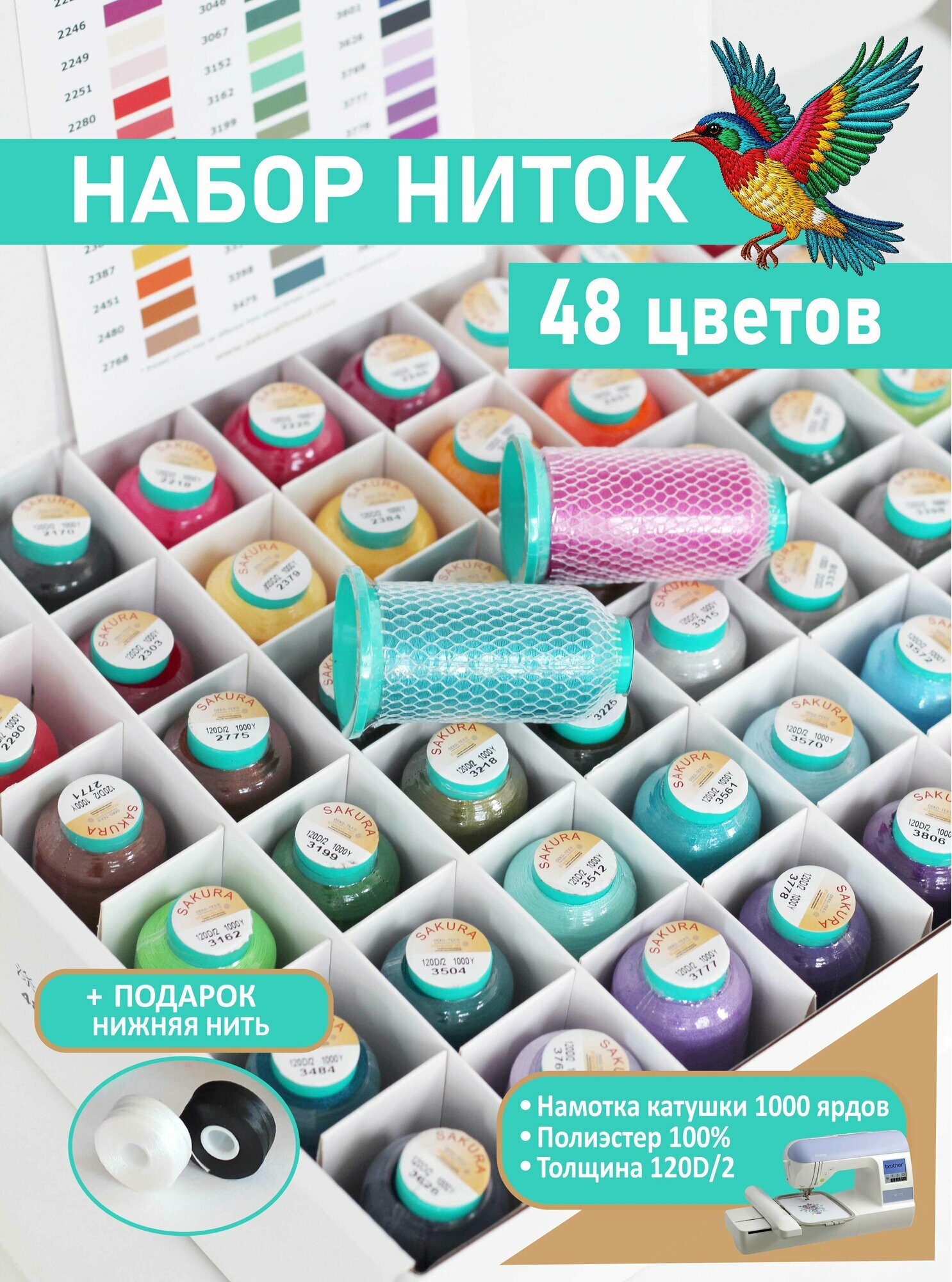 Набор ниток для машинной вышивки, шитья и стежки, 48 цветов намоткой по 1000 ярдов, полиэстер 100%, 120D/2