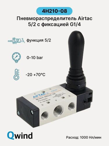 Изображение товара Пневмораспределитель Airtac 4H210-08 (4H21008G) 5/2, G1/4 c ручным управлением