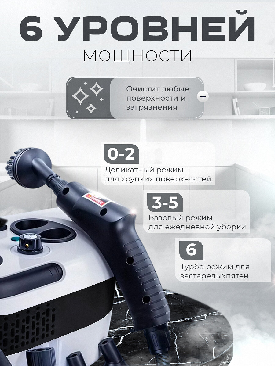 Пароочиститель, мощность 28 предметов, 1,2 л, 60 мин работы, черный/белый — фото 1