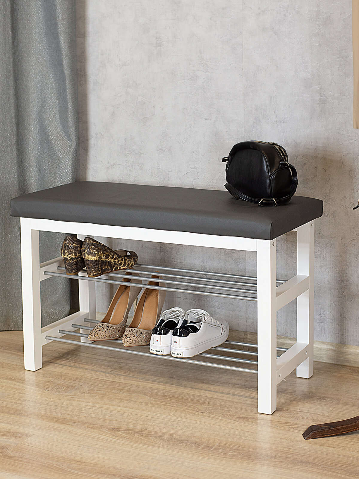 Банкетка Мебелик BeautyStyle 4 с полками для обуви  цвет белый экокожа серый