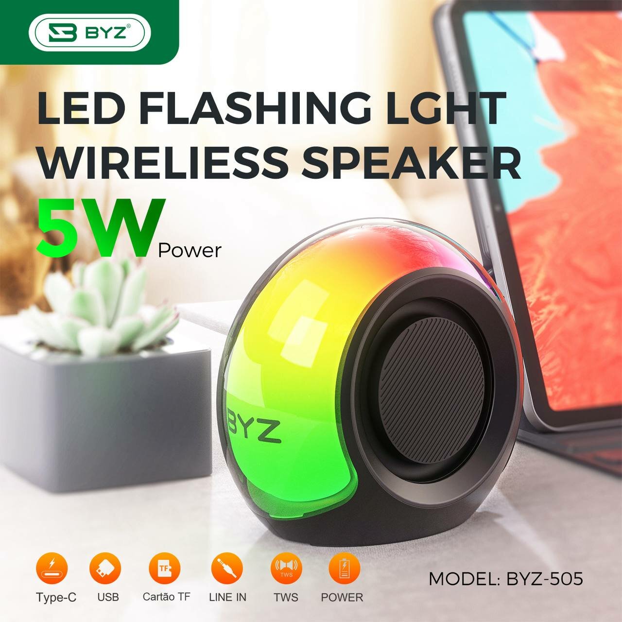 Колонка беспроводная портативная от бренда BYZ с RGB подсветкой, с необычном дизайном виде улитки чёрного цвета.
