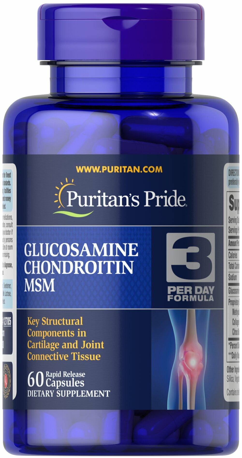Глюкозамин, хондроитин, МСМ для суставов Glucosamine Chondroitin MSM Puritans Pride, 60 капс
