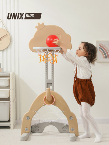 Изображение товара Баскетбольная стойка для детей UNIX Kids Star / Звезда (4 в 1) для дома и улицы. Хоккейные ворота, футбольные ворота, игровой комплекс, бежевый