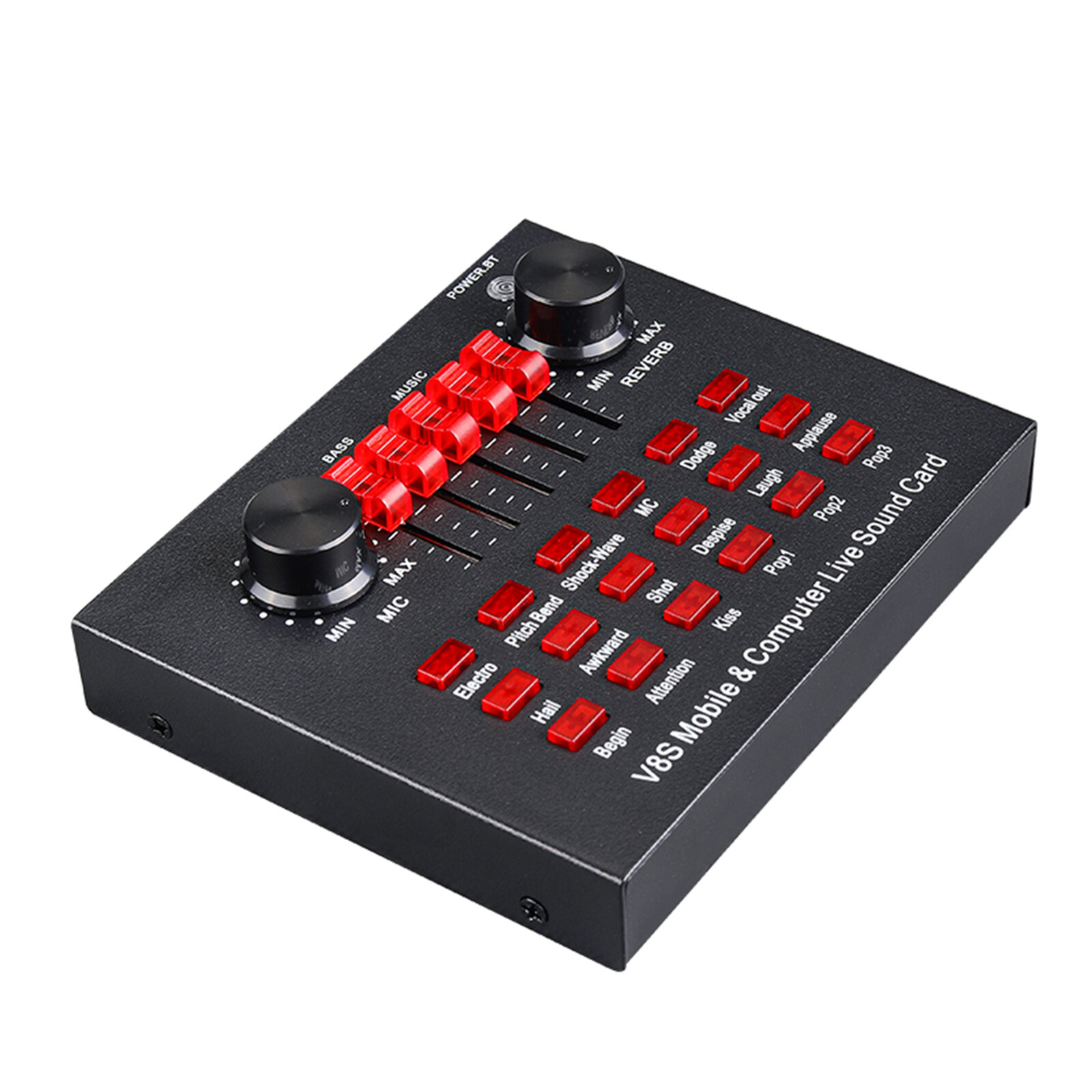 Внешняя звуковая карта V8S Audio Karaoke BT Mixer Многофункциональная 6 звуковых режимов 12 звуковых эффектов для онлайн-пения чата видеотрансляции записи музыки Черный Металл ABS Ёмкость батареи 1200mAh Размер 12.7*10.6*3.4cm Вес 285g Пакет 22*13*4.5cm