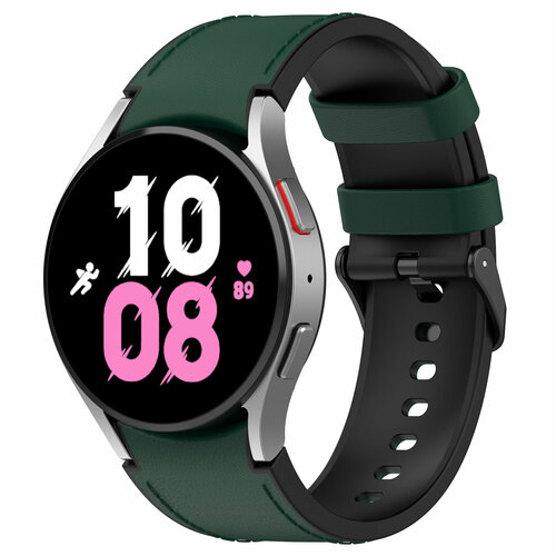 ремешок силиконовый для samsung galaxy watch 5 galaxy watch 5 pro watch 4 classic Двухцветный кожаный ремешок для Samsung Galaxy Watch, размер L, черно-зеленый, серебристая пряжка