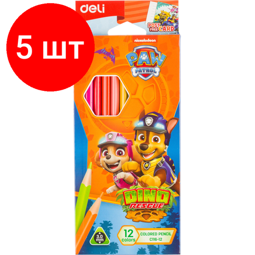 Комплект 5 наб, Карандаши цветные Deli Paw Patrol трехгран, заточен,12цв/наб, картон EC116-12