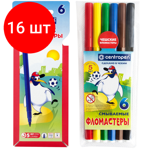 Комплект 16 шт, Фломастеры Centropen Пингвины, 06цв, смываемые, картон. упак. с европодвесом/ПВХ комплект 3 шт фломастеры centropen пингвины 30цв смываемые картон упак с европодвесом пвх