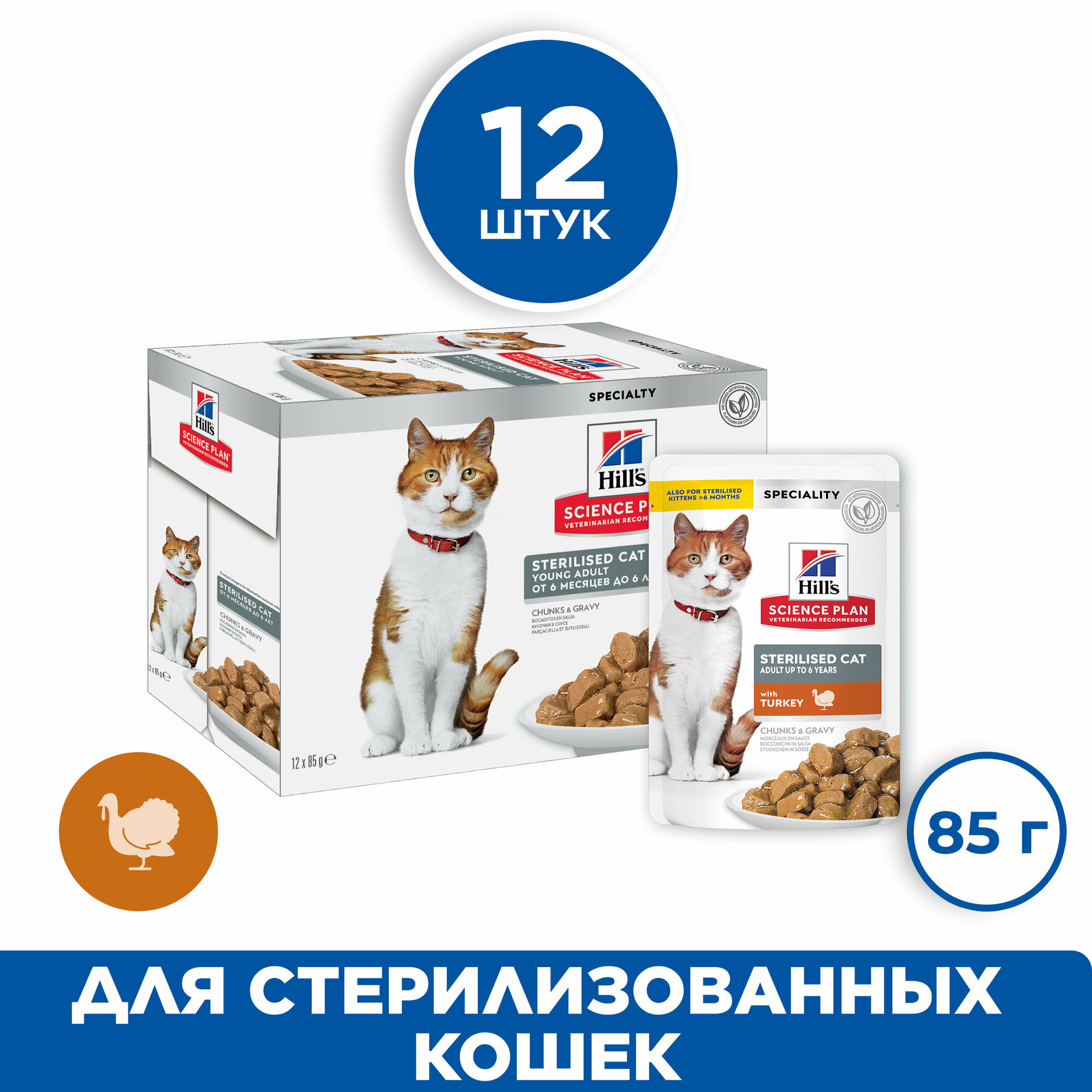 Влажный корм Hill's Science Plan для молодых стерилизованных кошек и кастрированных котов, пауч с индейкой в соусе, 12шт*85г