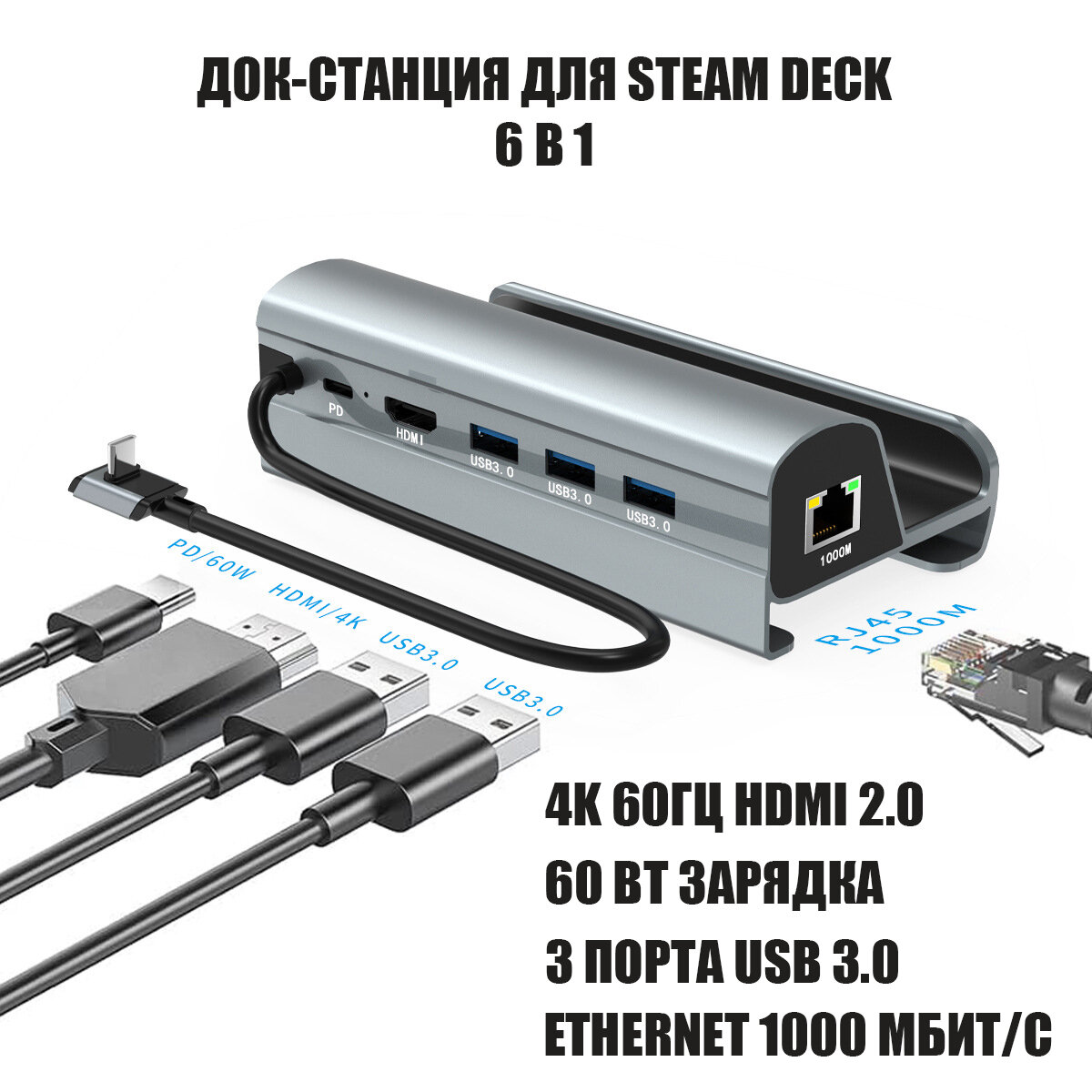 Док станция подставка для Steam Deck зарядное устройство 6 в 1 серая