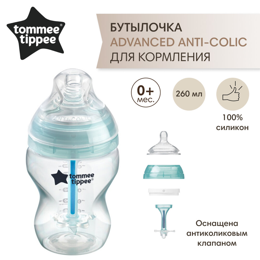 Бутылочка Tommee Tippee Advanced с усиленным антиколик.клапаном/индикатор, медлен.поток, 260 мл голубой - фото №2