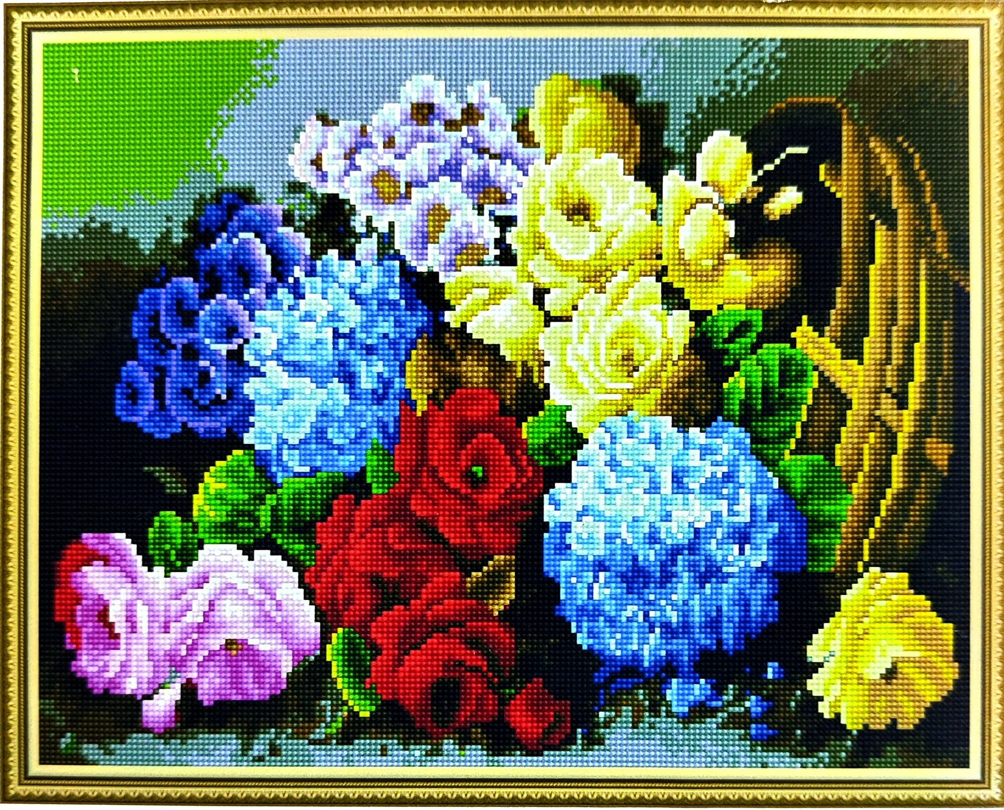Алмазная мозаика 40x50см круглые стразы сирень, пионы, ягоды, фрукты, архидея, розы, натюрморт, полевые цветы, маки, ромашки