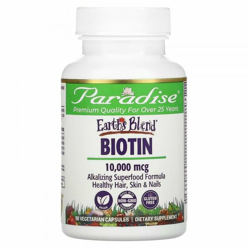 Paradise Herbs, Earth&#x27; s Blend, Biotin, 10,000 mcg, 90 Vegetarian Capsules