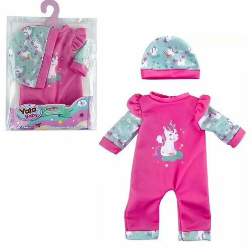 Одежда для кукол пупса ростом 40-46 см розовый комбинезон 14 х 27 см с единорогом и шапочка Yala baby YLC240B 499₽