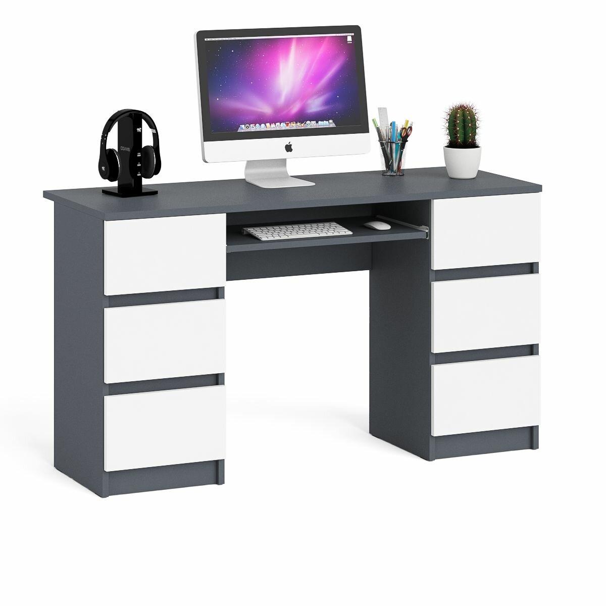 Компьютерный стол с двумя тумбами Мори МС-2, цвет графит/белый, ШхГхВ 135,4х50х76,6 см.
