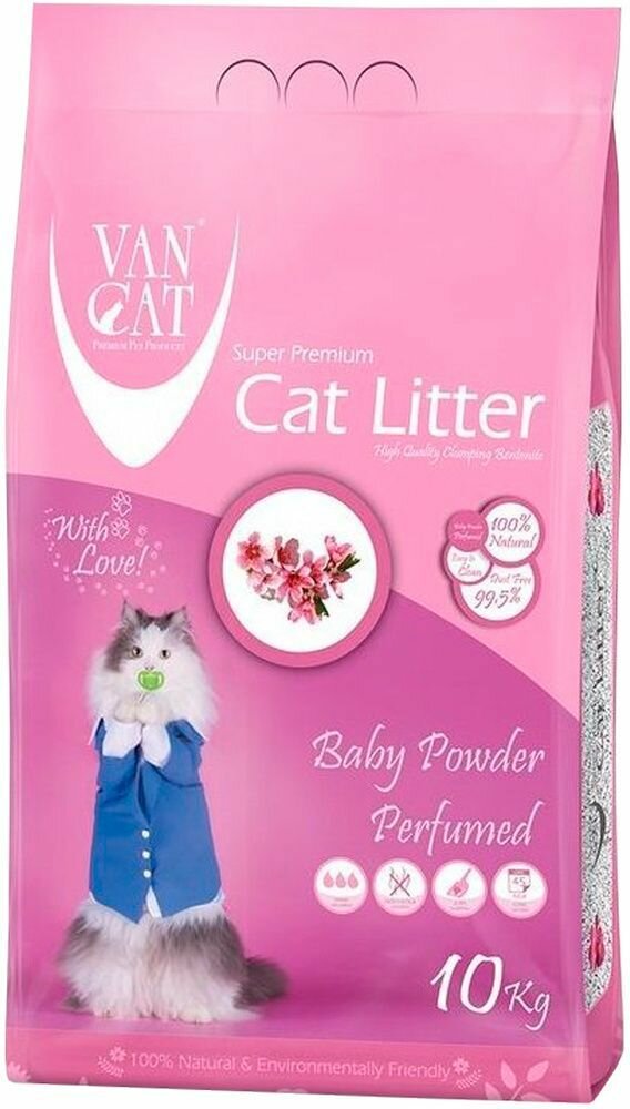 VAN CAT BABY POWDER 10кг наполнитель комкующийся для туалета кошек с ароматом детской присыпки