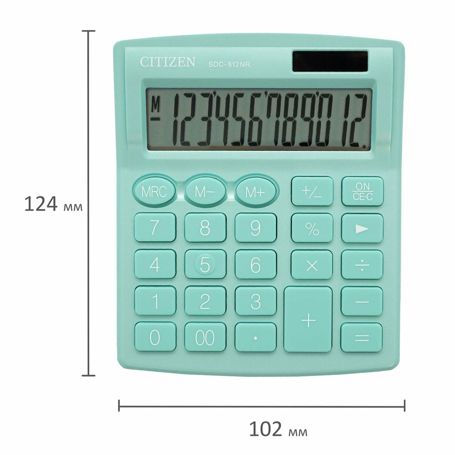 Калькулятор настольный CITIZEN SDC-812NRGNE, компактный (124×102 мм), 12 разрядов, двойное питание, бирюзовый