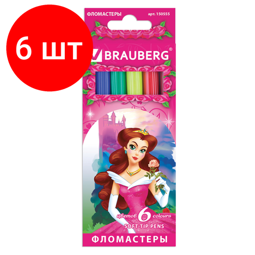 Комплект 6 шт, Фломастеры BRAUBERG Rose Angel, 6 цветов, вентилируемый колпачок, картонная упаковка, увеличенный срок службы, 150555