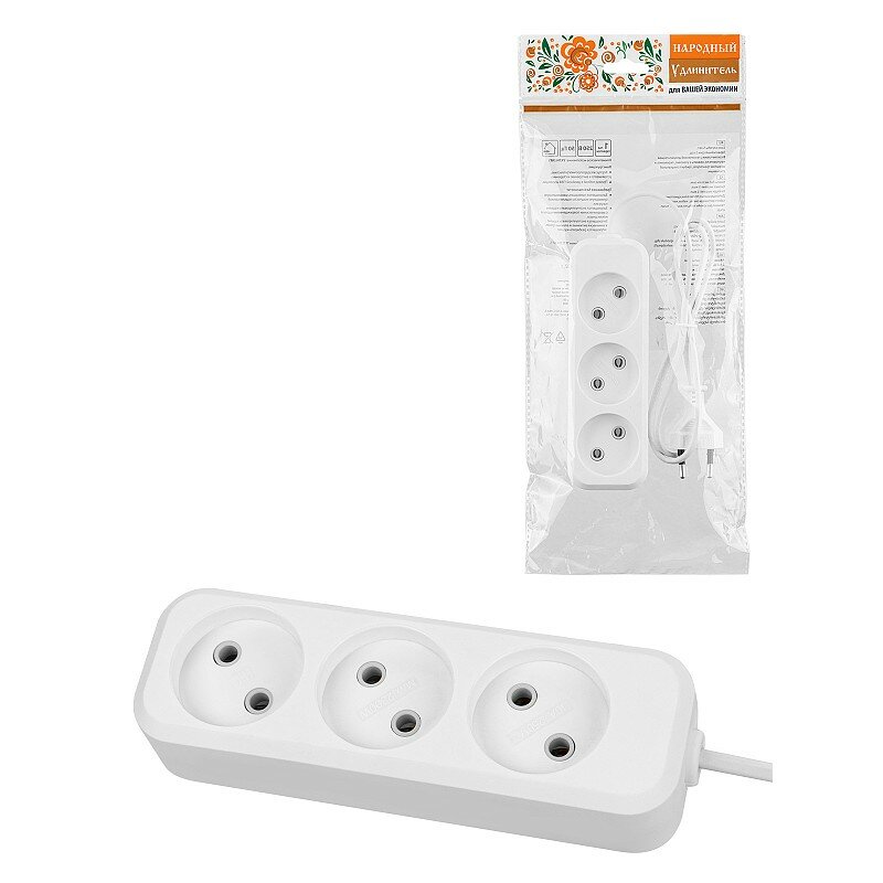 Удлинитель 3 гнезда 5 метров б/з 10 А 2300 Вт белый народный У-32015 (Ун 320-0001) цена за 1 шт