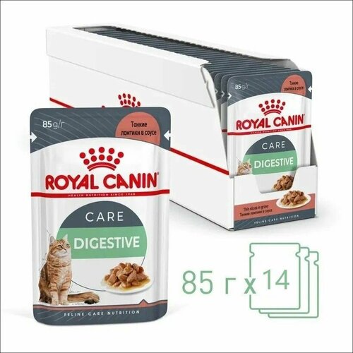 royal canin digest sensitive полнорационный влажный корм для взрослых кошек с чувствительным пищеварением кусочки в соусе в паучах 85 г Комплект 14 шт, Влажный корм для взрослых кошек с чувствительным пищеварением, кусочки в соусе Royal Canin Digest Sensitive