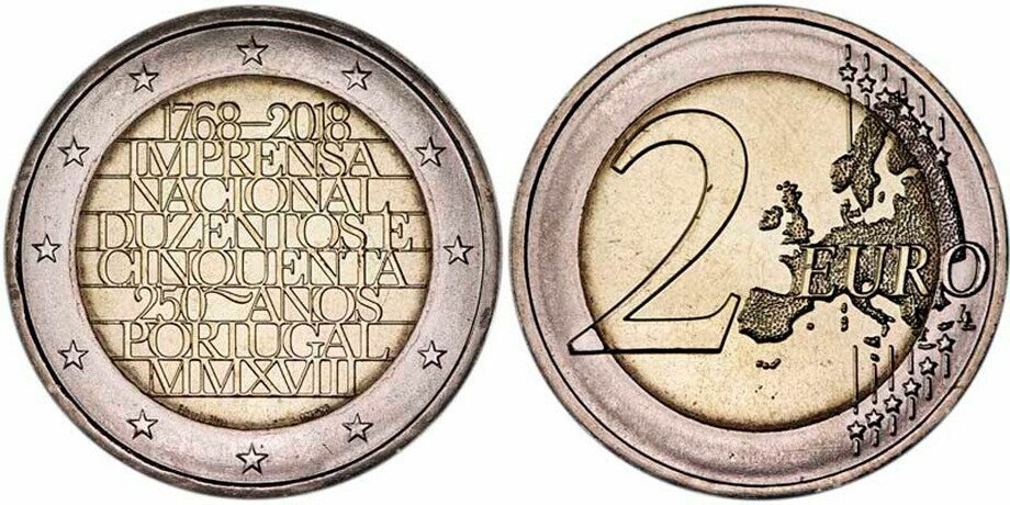 Португалия 2 евро, 2018 250 лет Imprensa Nacional-Casa da Moeda UNC