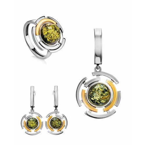 фото Комплект бижутерии: кольцо, серьги, подвеска, янтарь, зеленый amberhandmade