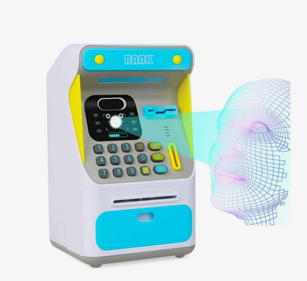 Интерактивная копилка-банкомат с распознованием лица для купюр и монет, голубая.