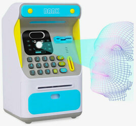 Интерактивная копилка-банкомат с распознованием лица для купюр и монет, голубая.