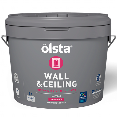 Olsta Wall&Ceiling Краска интерьерная акриловая, матовая для стен и потолков 9 л База А (белая) краска интерьерная olsta wall and ceiling прозрачная 0 9 л