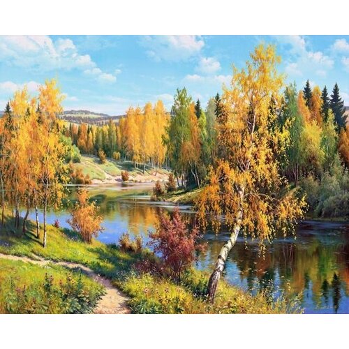Набор для вышивки крестом 40х50 Пожелтевший лес. Осень. Река. Природа. Пейзаж.