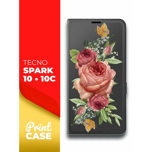 Чехол на Tecno Spark 10/10C (Техно Спарк 10/10С) черный книжка эко-кожа подставка отделение для карт и магнитами Book case, Miuko (принт) Розовые Розы чехол на tecno spark 10 10c техно спарк 10 10с черный книжка эко кожа подставка отделением для карт и магнитами book case miuko принт лев черный