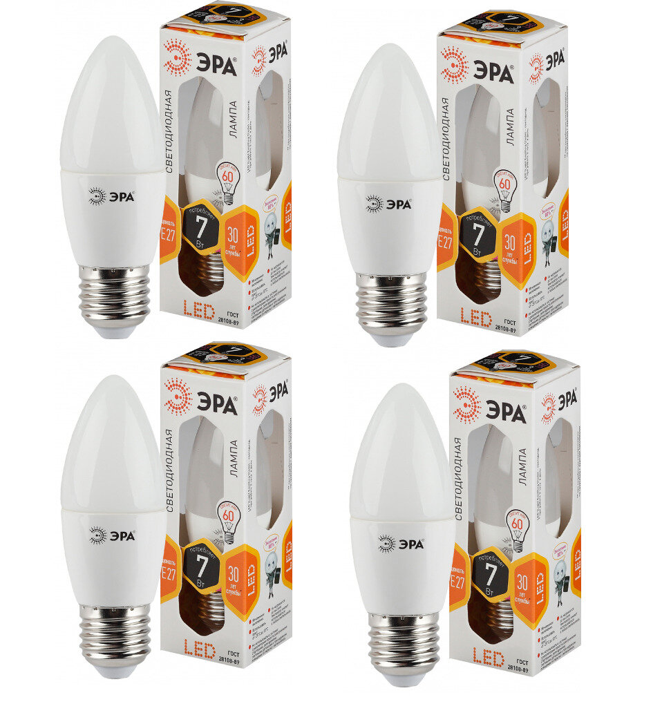 Лампа светодиодная B35-7W-827-E27 (комплект 4 шт.) ( свеча, 7Вт, тепл, E27)