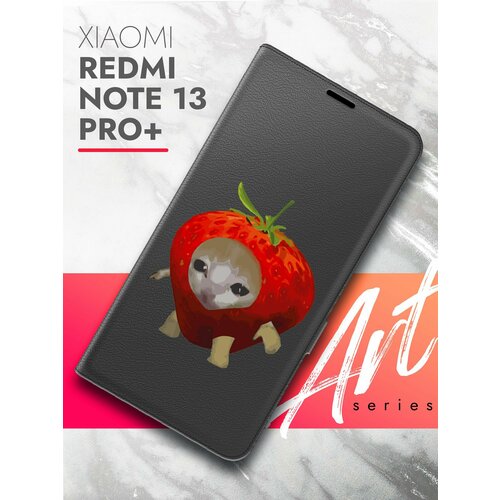 Чехол на Xiaomi Redmi Note 13 Pro+ (Ксиоми Редми Ноте 13 Про+) черный книжка экокожа подставка магнит Book case, Brozo (принт) Котик в Клубнике чехол на xiaomi redmi note 13 pro ксиоми редми ноте 13 про черный книжка экокожа подставка отделение для карт магнит book case brozo принт лайк