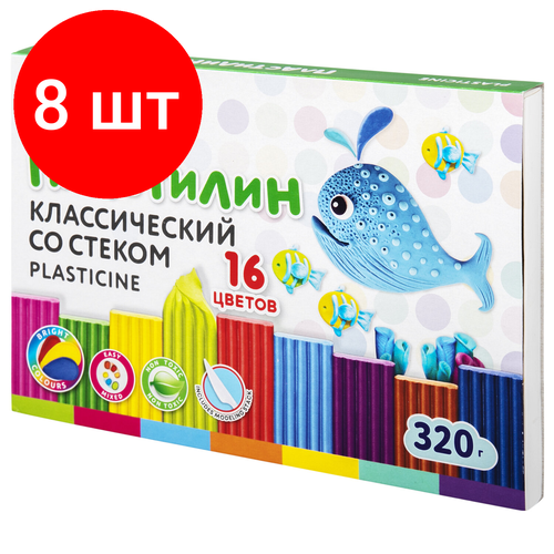 Комплект 8 шт, Пластилин классический BRAUBERG KIDS, 16 цветов, 320 г, со стеком, 106508